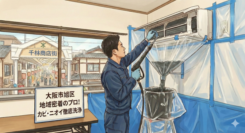 旭区のエアコンクリーニング作業風景